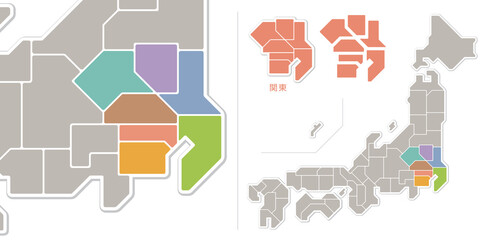 日本地図　関東地方　色分け　シンプル　