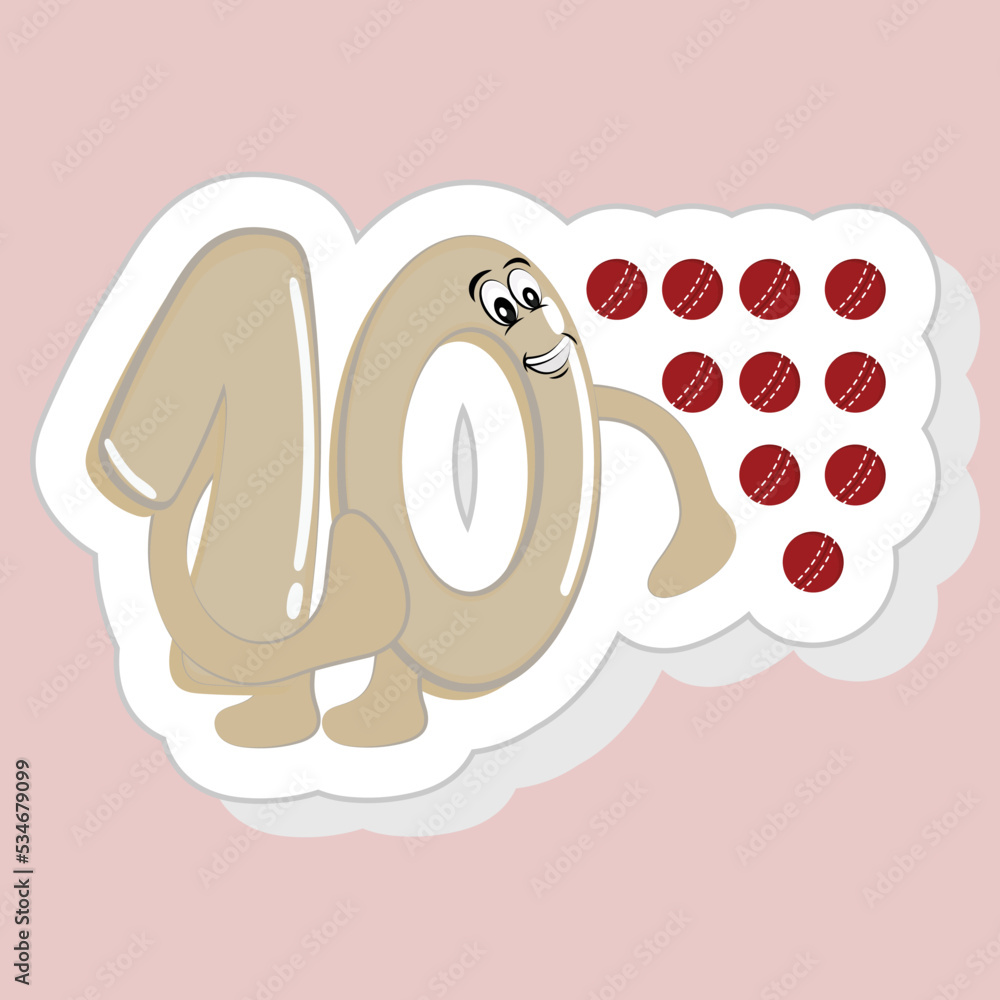 Poster sticker style cute cartoon number 10 with cricket balls on pink background.