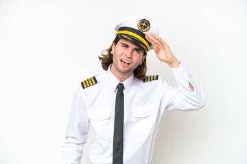 handsome Airplane pilot isolated on white background looking far away with hand to look something