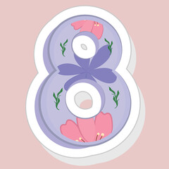 Sticker Style Floral 8 Number On Pink Background.
