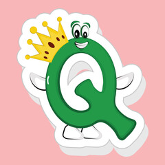 Sticker Style Green Q Alphabet Cartoon Wearing Crown On Pink Background.
