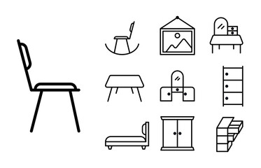 Minimalist and simple Outline Icon Set Furniture, Table, Interior, Bed, Chair and others. Editable stroke. Lets' Make Your Design Easier.