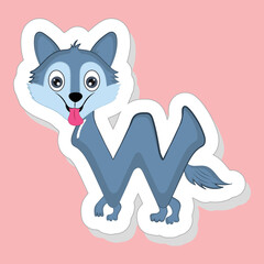 Sticker Style W Alphabet Cartoon Animal Wolf On Pink Background.