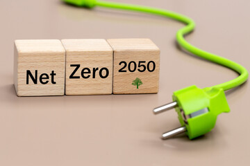 Green plug with a cable, and wooden blocks with the words Net zero 2050, Environmental concept,...