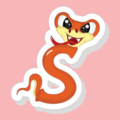 Sticker Style Orange S Alphabet  Animal Cartoon Snake On Pink Background.