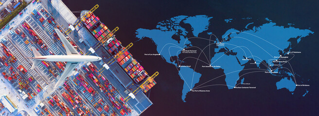 Cargo plane flying above ship port coverage world map import-export, Network logistics partnership connection busiest container ports. Container ships loading and unloading background. - obrazy, fototapety, plakaty