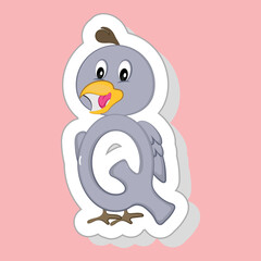 Sticker Style Q Alphabet Animal Cartoon Quail On Pink Background.