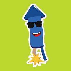 Sticker Style Cartoon Face Wearing Sunglasses Firecracker Rocket Icon Against Lime Color Background.