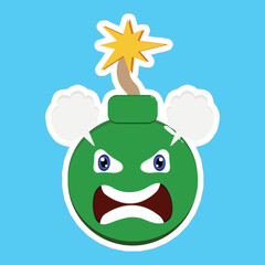 Isolated Colorful Cartoon Face Bomb Firework Icon On Sky Blue Background.