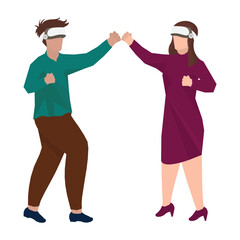 Man And Woman Wearing VR Headset With Clenched Fists Up Ready To Boxing On White Background.