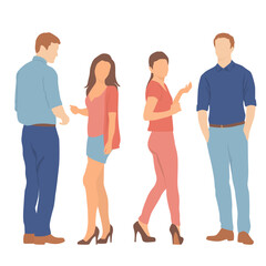 Fototapeta premium Set of young men and women, different colors, cartoon character, group of silhouettes of standing business people, students, the design concept of flat icon, isolated on white background