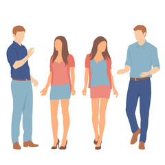 Obraz premium Set of young men and women, different colors, cartoon character, group of silhouettes of standing business people, students, the design concept of flat icon, isolated on white background