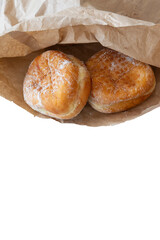Jam doughnuts in a brown paper bag,  recycling packaging,  Isolated on a white background
