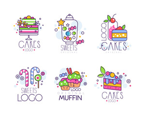 Obraz premium Cakes and sweets logo design set. Tasty desserts hand drawn labels and badges hand drawn vector illustration