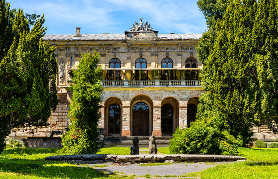 Ruined renaissance and baroque historic castle complex with palace and garden in old town quarter of Pilica in Silesia region in Poland