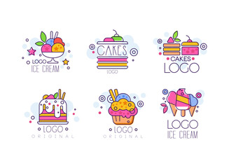 Cakes and ice cream logo design set. Tasty desserts hand drawn labels and badges hand drawn vector illustration