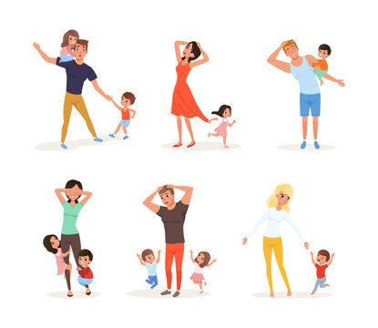 Tired young parents with naughty children set. Stressed exhausted moms and dads. Reality of parenthood cartoon vector illustration