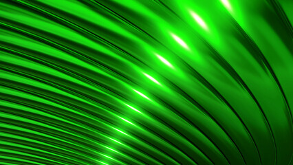 Green metallic background, shiny striped 3D metal abstract background, technology lustrous 3D render illustration.