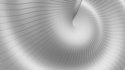 White background stripes 3D wavy pattern, elegant abstract striped pattern, interesting spiral architectural minimal white grey backdrop, 3D render illustration.