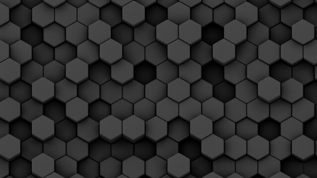 Abstract 3D geometric background, blak hexagons shapes, 3D honeycomb pattern render illustration. © Cobalt
