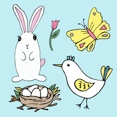Easter set doodle style. Happy easter hand drawn nest, egg and bunny vector isolated on blue background.