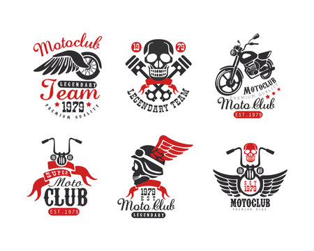 Set of motoclub retro badges. Biker club, motorcycle repair shop, t-shirt print vintage labels vector illustration