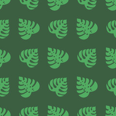 Icons with tropical palm leaves, monstera. Beautiful hand drawn exotic plants. Floral seamless background. Monsters isolated on green background. Monstera leaves, jungle.
