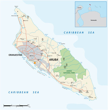road map of the ABC island of Aruba in the Caribbean Sea
