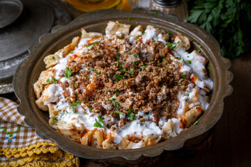 Turkish traditional food of Kastamonu tirit meal, yoghutr and bread. Turkish name; tirit kebabi