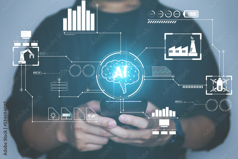 Poster concept of technology ai and ai business on visual screen, technology ai in the further.