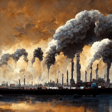 AI generated image. Illustration with the industrial age downfall, global warming, pollution and human impact on the planet.