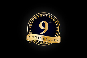 9th anniversary golden gold logo with gold ring and ribbon isolated on black background, vector design for celebration.