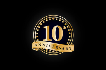 10th anniversary golden gold logo with gold ring and ribbon isolated on black background, vector design for celebration.