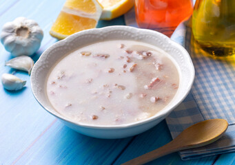 Traditional delicious Turkish food, Turkish traditional tripe soup; iskembe corbasi and offal soup, Turkish Meat Soup Kelle Paca (Turkish name; Kelle paca corbasi)