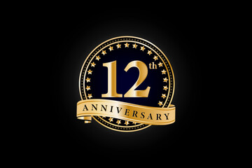 12th anniversary golden gold logo with gold ring and ribbon isolated on black background, vector design for celebration.