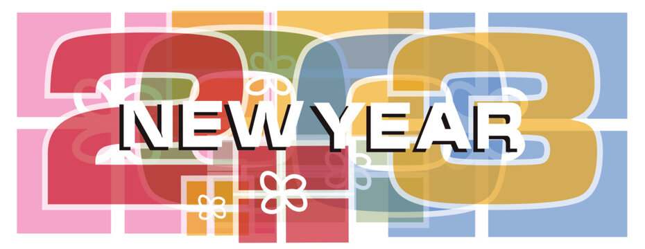 symbol number 2023 with inscription new year gradient and gifts in isolate, vector graphic.