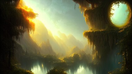 Fantasy landscape with unreal trees and mirror river. Sun rays, shadows, fog, reflection in the water. Unreal world. 3D illustration.
