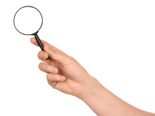 A woman's hand holds a small magnifying glass, the concept of information search. Isolated on white background.