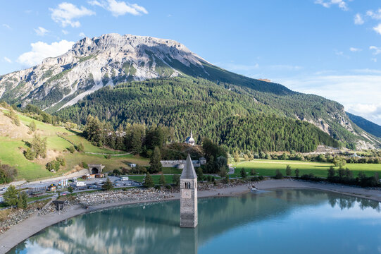 drone flight over Lake Reschensee in South Tyrol