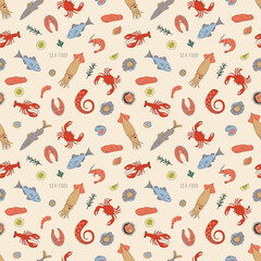 Seamless pattern with marine animals. Flat hand drawn vector illustration. For printing on menus, fish restaurants, packaging. Sea food.