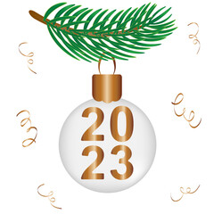 white Christmas ball on a fir branch with the numbers 2023 decorated with serpentine vector drawing on a white background