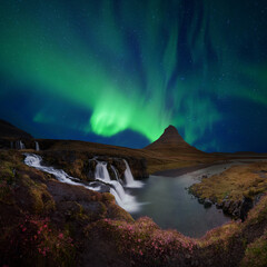 Naklejka premium Northern Light, Aurora borealis at Kirkjufell in Iceland
