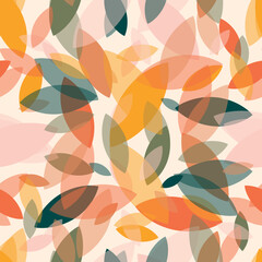 Autumn leaf fall on a pink background. Seamless cute pattern with leaves or grains in different colors. Autumn colorful explosion. Vector.