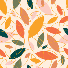 Autumn leaf fall on a pink background. Seamless cute pattern with leaves or grains in different colors. Autumn colorful explosion. 