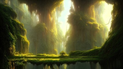 Fototapeta na wymiar Fantasy landscape with unreal trees and mirror river. Sun rays, shadows, fog, reflection in the water. Unreal world. 3D illustration.