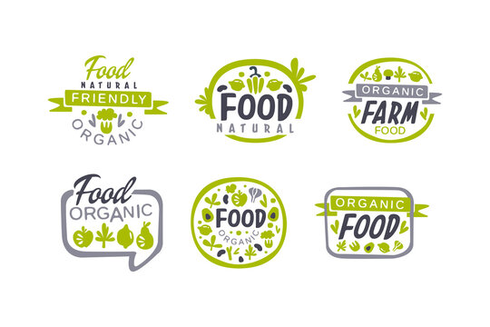 Natural, organic food logo design set. Fresh products packaging, farm market, eco store labels, badges hand drawn vector illustration