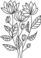 Flower line art illustration with black thin line. PNG with transparent background. 