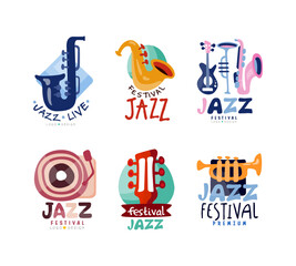 Jazz festival vector logo design set. Musical event labels, badges vector illustration