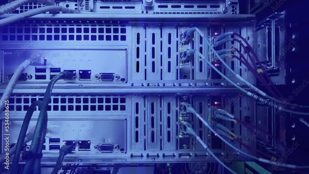 Poster big data center blue. supercomputer server rack. video contains noise