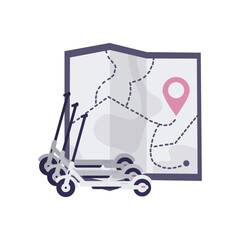 Electric Scooter Icon set parking. Modern lifestyle. Eco transport for city lifestyle. Scooter concept. Vector flat illustration. City map background